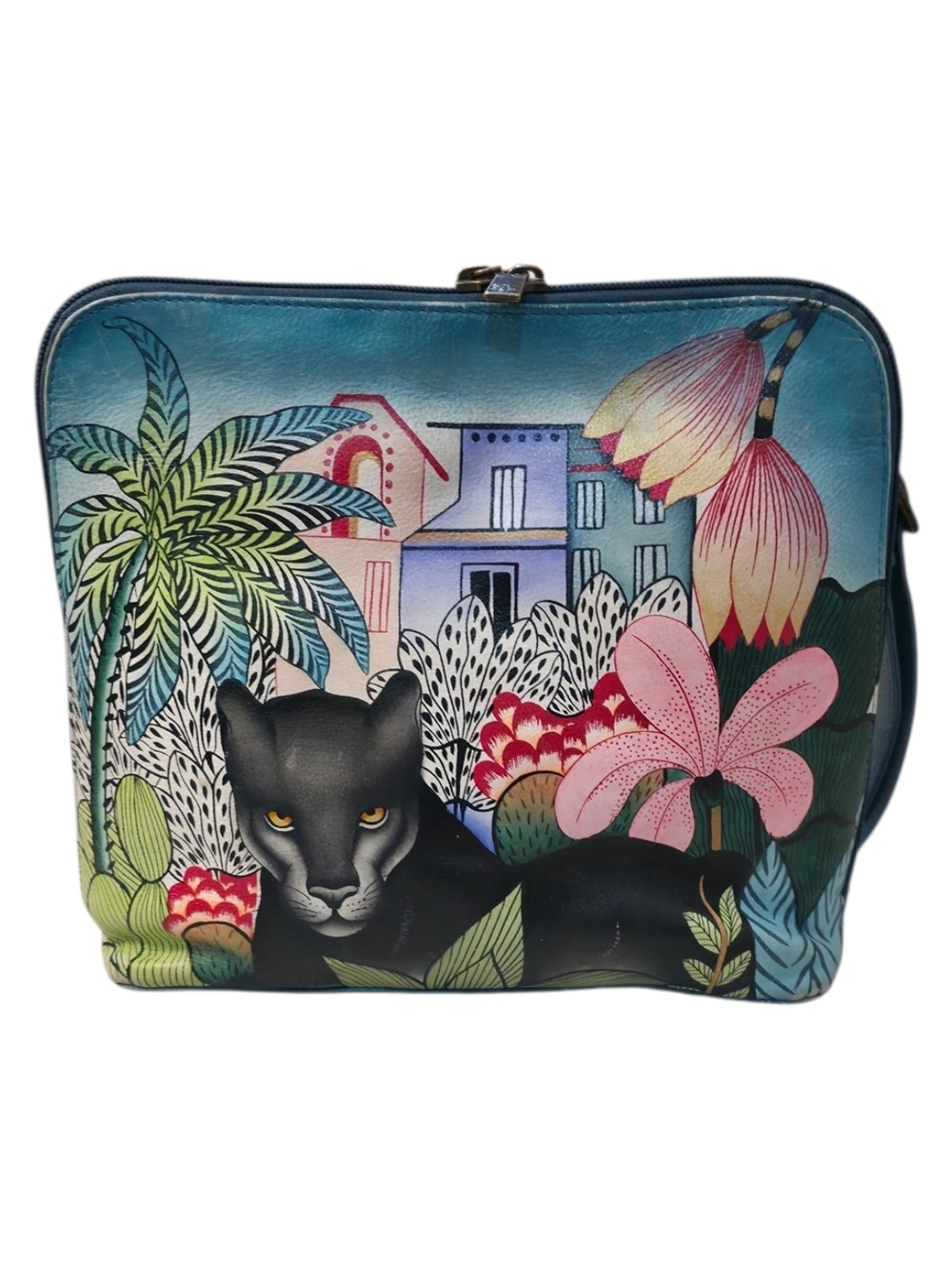 Hand-Painted Anushka Black Panther Floral Zip Bag - Teal, Pink, Green